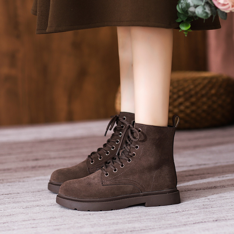 Sewing Nylon - Damenstiefel aus braunem Wildleder, Schnürstiefel mit