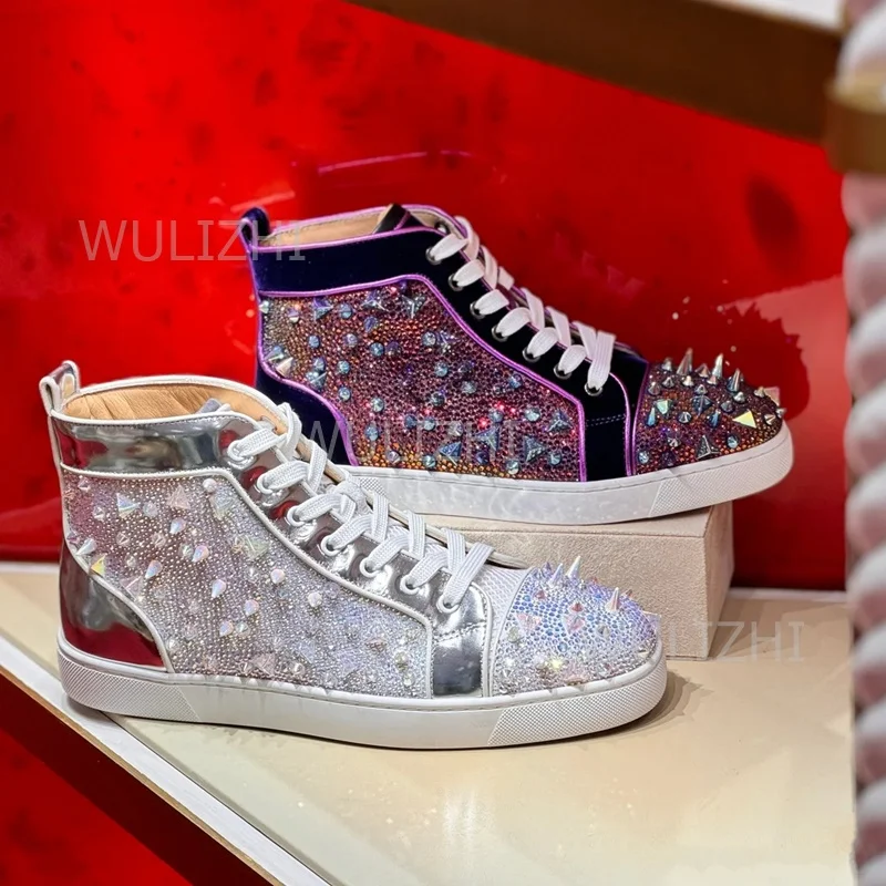 Sewing Nylon - Dunkelviolette Kristall-Nieten-Sneaker für Herren mit Flacher